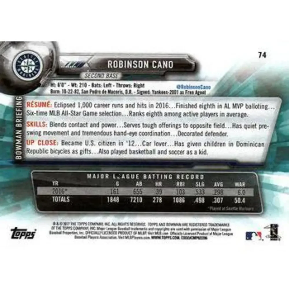 2017 Bowman Robinson Cano # 74 Seattle Mariners